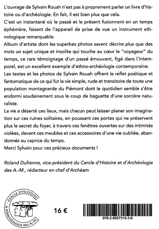 Quatrième de couverture du livre Mémoire des Maisons Mortes de Sylvain Rouah avec présentation de Roland Dufrenne.